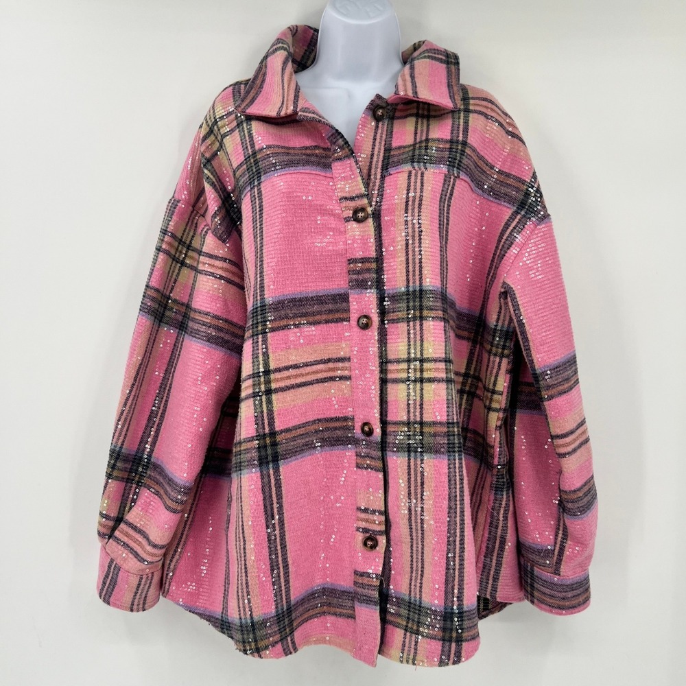 BiBi Size XL Sparkle Pink Check Plaid Sequin Oversized Shacket Jacket